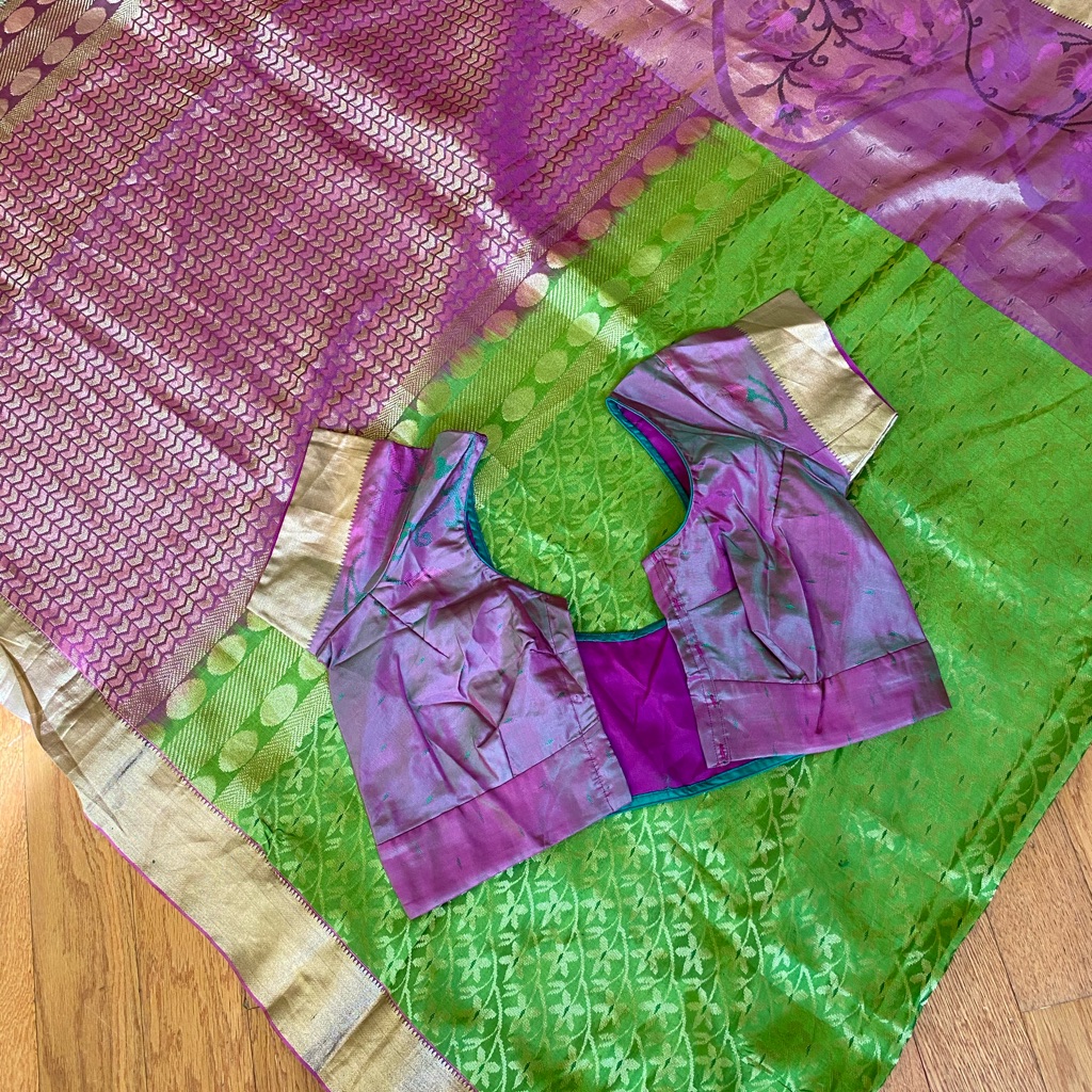Pattu Silk Green Purple Saree Full Gold Design